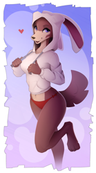 Size: 1430x2575 | Tagged: safe, artist:yakovlev-vad, juno (beastars), canine, mammal, wolf, anthro, beastars, 2023, border, breasts, brown body, brown fur, clothes, digital art, female, fur, hoodie, looking at you, panties, paws, purple eyes, solo, solo female, tail, thighs, topwear, underwear, white border
