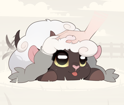 Size: 1182x1000 | Tagged: source needed, safe, artist:evehly, bovid, caprine, fictional species, mammal, wooloo, feral, nintendo, pokémon, 2019, blep, cloud, colored sclera, cute, digital art, disembodied hand, duo, eyelashes, fur, heart, heart nose, horizontal pupils, horn, looking up, petting, pink nose, pupils, smiling, solo focus, tail, tail motion, tailwag, tongue, tongue out, white body, white fur, wool (fur), yellow sclera