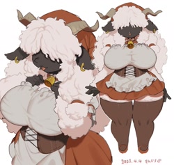 Size: 2000x1899 | Tagged: safe, artist:kaeritai07, bovid, caprine, mammal, sheep, anthro, blep, bottomwear, breasts, clothes, ear piercing, earring, female, hair, hair over eyes, horns, huge breasts, piercing, skirt, solo, solo female, thick thighs, thighs, tongue, tongue out, topwear, wide hips