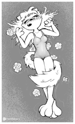 Size: 651x1080 | Tagged: safe, artist:goobie, canine, fox, mammal, clothes, female, flower, one-piece swimsuit, pinup, plant, pose, sketch, swimsuit, water