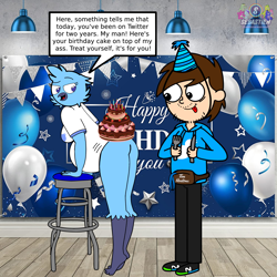 Size: 2400x2400 | Tagged: safe, artist:mrstheartist, tweetfur, oc, oc:mr.s, bird, bluebird, human, mammal, songbird, anthro, plantigrade anthro, twitter, bedroom eyes, birthday cake, birthday hat, blue hoodie, cake, celebration, clothes, food, fork, hoodie, knife, looking at something, looking back, missing tail, round belly, sexy, stool, stuffed belly, topwear