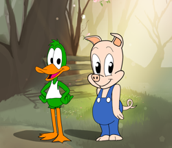 Size: 4460x3853 | Tagged: safe, artist:ledorean, hampton j. pig (tiny toon adventures), plucky duck (tiny toon adventures), bird, duck, mammal, pig, suid, waterfowl, anthro, plantigrade anthro, unguligrade anthro, tiny toon adventures, warner brothers, absurd resolution, duo, duo male, hooves, male, males only