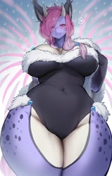 Size: 1301x2048 | Tagged: safe, artist:suurin_2, feline, mammal, anthro, bottom view, breasts, clothes, female, huge breasts, leotard, looking at you, looking down, looking down at you, solo, solo female, thick thighs, thighs, wide hips