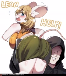 Size: 1779x2048 | Tagged: safe, artist:princess hinghoi, ashley graham (resident evil), human, mammal, mouse, rodent, anthro, capcom, resident evil, blushing, bottomwear, breasts, butt, carrying, clothes, dialogue, faceless male, female, hood, looking back, male, moushley, resident evil 4, robe, scared, simple background, skirt, smiling, sweater, talking, topwear
