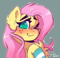 Size: 1594x1522 | Tagged: safe, artist:yumkandie, fluttershy (mlp), equine, mammal, pony, friendship is magic, hasbro, my little pony, clothes, fangs, freckles, heart, heart eyes, looking at you, one eye closed, sharp teeth, smiling, socks, teeth, wingding eyes