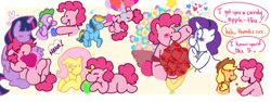 Size: 987x370 | Tagged: safe, artist:dsstoner, applejack (mlp), fluttershy (mlp), pinkie pie (mlp), rainbow dash (mlp), rarity (mlp), spike (mlp), twilight sparkle (mlp), alicorn, dragon, earth pony, equine, fictional species, mammal, pegasus, pony, unicorn, feral, semi-anthro, friendship is magic, hasbro, my little pony, 2023, apple, applepie (mlp), balloon, boop, bouquet, candy apple (food), clothes, cowboy hat, cuddling, dialogue, female, female/female, feral/feral, floating, flower, flutterpie (mlp), flying, food, fruit, gem, hat, headwear, heart, heart balloon, hearts and hooves day, holiday, hug, lying down, mane six (mlp), pinkiedash (mlp), plant, raripie (mlp), shipping, shipping fuel, speech bubble, talking, then watch her balloons lift her up to the sky, twinkie (mlp)