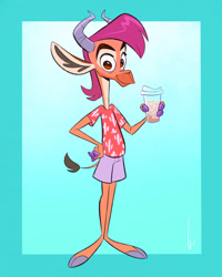 Size: 1024x1280 | Tagged: safe, artist:birchly, oc, oc:birchly, antelope, bovid, gazelle, mammal, anthro, unguligrade anthro, 2022, aloha shirt, bottomwear, brown eyes, clothes, cloven hooves, digital art, drink, ears, gerenuk, hair, hooves, horns, magenta hair, male, shirt, shorts, simple background, solo, solo male, standing, tail, tail tuft, teal background, topwear