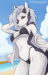Size: 800x1240 | Tagged: safe, artist:lornext, artist:yorusagi, loona (vivzmind), canine, fictional species, hellhound, mammal, anthro, hazbin hotel, helluva boss, 2023, absolute cleavage, almost nude, bikini, black bikini, black swimsuit, breasts, cleavage, clothes, ears, female, gray hair, hair, long hair, solo, solo female, swimsuit, tail, thighs, white body