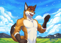 Size: 1600x1127 | Tagged: safe, artist:byowt, oc, oc only, canine, fox, mammal, anthro, 2019, 2d, arm marking, belly button, biceps, black body, black claws, black fur, black nose, body markings, brown eyes, brown hair, cheek fluff, claws, cloud, detailed background, digital art, ear fluff, fangs, field, fluff, fur, gesture, grass, hair, hand on hip, happy, looking at you, male, mountain, multicolored body, multicolored fur, neck fluff, open mouth, orange body, orange fur, outdoors, plant, sharp teeth, signature, sky, solo, solo male, tail, tail fluff, tail markings, teeth, tongue, waving, waving at you, white body, white fur