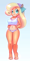 Size: 463x944 | Tagged: safe, artist:nitro, coco bandicoot (crash bandicoot), bandicoot, mammal, marsupial, anthro, crash bandicoot (series), 2015, 4 toes, activision, bare shoulders, barefoot, belly button, black nose, blonde hair, bottomwear, breasts, cleavage, clothes, crop top, digital art, erect nipples, feet, female, fur, gradient background, green eyes, hair, hands behind back, head scarf, long hair, looking at you, looking up, midriff, multicolored body, multicolored fur, nipple outline, orange body, orange fur, panties, shirt, smiling, solo, solo female, standing, swimsuit, tan body, tan fur, tank top, thong, toes, topwear, two toned body, two toned fur, underwear, wavy hair, white clothing, white swimsuit, white topwear, yellow hair