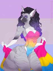 Size: 2480x3334 | Tagged: safe, artist:vexstacyart, feline, mammal, anthro, 2019, 5 fingers, breasts, chest fluff, cleavage, clothes, digital art, ear fluff, ear piercing, earring, female, flag, fluff, fur, holding, holding flag, holding object, lgbt, lgbtq, looking at you, musical note, nonbinary, nonbinary pride flag, one-piece swimsuit, pansexual pride flag, piercing, pink nose, pride, pride flag, purple eyes, solo, solo female, standing, striped body, striped fur, striped tail, stripes, swimsuit, tail, tail fluff, white body, white fur