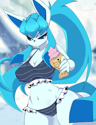 Size: 1200x1553 | Tagged: safe, artist:skwidbone, oc, oc only, eeveelution, fictional species, glaceon, mammal, anthro, nintendo, pokémon, 2023, bedroom eyes, belly button, big breasts, bikini, black nose, blue sclera, breasts, clothes, colored sclera, detailed background, digital art, ears, eyelashes, female, food, fur, hair, ice cream, ice cream cone, looking at you, pose, snow, solo, solo female, swimsuit, tail, thighs, wide hips