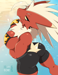 Size: 1200x1553 | Tagged: safe, artist:skwidbone, oc, oc only, blaziken, fictional species, anthro, nintendo, pokémon, 2023, arm under breasts, beach, bedroom eyes, big breasts, bikini, bikini top, bottomwear, breasts, butt, clothes, detailed background, digital art, ears, eyelashes, female, fur, hair, looking at you, pose, rear view, short tail, shorts, solo, solo female, sports shorts, starter pokémon, swimsuit, tail, thighs, wide hips