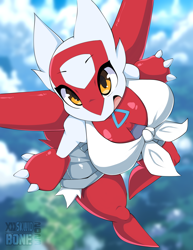 Size: 1200x1553 | Tagged: safe, artist:skwidbone, oc, oc only, fictional species, latias, legendary pokémon, anthro, digitigrade anthro, nintendo, pokémon, 2023, big breasts, bottomwear, breasts, clothes, cloud, detailed background, digital art, ears, eyelashes, female, flying, looking at you, open mouth, pose, scales, shirt, shorts, sky, solo, solo female, tail, thighs, tongue, topwear, wide hips