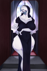 Size: 1567x2351 | Tagged: safe, artist:orhifw, absol, fictional species, mammal, anthro, nintendo, pokémon, 2023, arm under breasts, big breasts, breasts, commission, digital art, ears, eyelashes, female, fur, hair, horn, lifting breasts, nun, pose, solo, solo female, tail, thighs, wide hips
