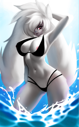 Size: 1517x2428 | Tagged: suggestive, artist:vadeshafrr, fictional species, furfrou, anthro, nintendo, pokémon, 2023, areola, areola slip, beach, belly button, big breasts, bikini, black nose, breasts, cameltoe, clothes, digital art, ears, eyelashes, female, fur, hair, hair over one eye, nipple outline, ocean, pose, skinny dipping, solo, solo female, swimsuit, tail, thighs, water, wide hips