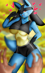 Size: 1509x2441 | Tagged: safe, artist:vadeshafrr, fictional species, lucario, mammal, anthro, nintendo, pokémon, 2023, belly button, big breasts, black nose, bottomwear, breasts, clothes, digital art, ears, eyelashes, female, fur, hair, looking at you, one eye closed, pose, shorts, solo, solo female, sports bra, sports shorts, tail, thighs, topwear, underboob, wide hips
