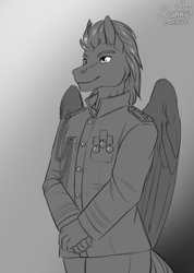 Size: 998x1400 | Tagged: safe, artist:sunny way, royal guard (mlp), equine, fictional species, mammal, pegasus, pony, anthro, friendship is magic, hasbro, my little pony, admiral, artwork, clothes, costume, digital art, guard, male, outfit, patreon reward, patreoneward, solo, solo male, stallion, wings