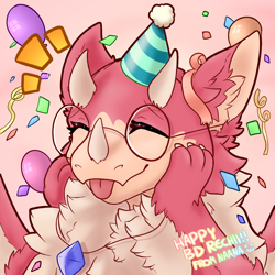 Size: 2000x2000 | Tagged: safe, dragon, fictional species, artwork, birthday, cakeday, cute, hatchday, naana, naanahstnil, party, pink, rechiigu, wholesome