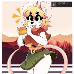 Size: 3000x3000 | Tagged: safe, artist:wirelessshiba, ashley graham (resident evil), mammal, mouse, rodent, anthro, capcom, resident evil, 2023, anthrofied, bottomwear, cheese, clothes, female, high res, moushley, scarf, skirt, solo, solo female, species swap, sweater, tail, thick thighs, thighs, topwear, wide hips