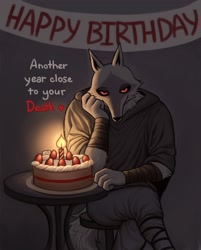 Size: 1772x2200 | Tagged: safe, artist:patto_pib, death (puss in boots), canine, mammal, wolf, anthro, dreamworks animation, puss in boots (movie), shrek, birthday, birthday cake, cake, candle, food, looking at you, male, sitting, solo, solo male