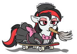 Size: 712x502 | Tagged: safe, artist:jargon scott, oc, oc only, oc:blackjack, equine, fictional species, mammal, pony, unicorn, feral, fallout equestria, fallout, friendship is magic, hasbro, my little pony, 2023, amputee, broken horn, clothes, duster, eyeshadow, fallout equestria: project horizons, fanfic art, female, holding, horn, lidded eyes, maid, makeup, mare, mouth hold, quadruple amputee, simple background, skateboard, solo, solo female, tail, white background