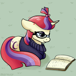 Size: 500x500 | Tagged: safe, artist:maravor, moondancer (mlp), equine, fictional species, mammal, pony, unicorn, feral, friendship is magic, hasbro, my little pony, 1:1, 2023, book, clothes, female, floppy ears, glasses, horn, loafing, low res, lying down, mare, prone, reading, smiling, solo, solo female, sweater, tail, topwear