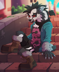 Size: 1200x1466 | Tagged: safe, artist:xnir0x, oc, badger, fictional species, mammal, mustelid, obstagoon, anthro, nintendo, pokémon, 2020, black body, black fur, black hair, bottomwear, clothes, digital art, fur, hair, hoodie, looking at you, male, outdoors, red eyes, shirt, shoes, shorts, sitting, solo, solo male, topwear, white body, white fur