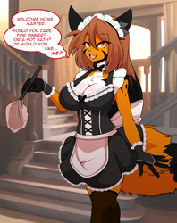 Size: 3924x4961 | Tagged: safe, artist:sagestrike2, oc, oc only, oc:fulvus, canine, fox, mammal, anthro, 2019, absurd resolution, amber eyes, black body, black ears, black fur, black tail, bottomwear, bow, bow tie, breasts, brown hair, chest fluff, cleavage, clothes, english text, feather duster, female, fluff, fur, gloves, hair, handwear, holding, holding object, indoors, legwear, looking at you, maid outfit, multicolored body, multicolored fur, open mouth, orange body, orange fur, orange tail, outfit, red eyes, skirt, socks, solo, solo female, speech bubble, stairs, standing, stockings, tail, tail fluff, text, thigh highs, tongue, uniform, white body, white fur
