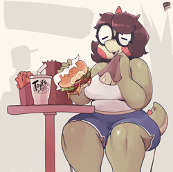 Size: 2188x2176 | Tagged: safe, artist:mrpeculiart, oc, oc only, oc:hailey (mrpeculiart), dragon, fictional species, reptile, anthro, 2019, bag, blush sticker, blushing, body, body markings, bottomwear, breasts, brown hair, burger, cheese, cleavage, clothes, container, cup, curvy figure, dairy products, drink, duo, eating, eyes closed, eyewear, facial markings, female, food, french fries, front view, glasses, green body, green scales, green tail, hair, happy, head marking, high res, holding, holding object, lettuce, meat, messy hair, multicolored body, multicolored scales, public, red marking, restaurant, round glasses, scales, shorts, signature, sitting, slightly chubby, smiling, solo focus, straw, table, tail, tan body, tan scales, tank top, tomato, topwear, two tone scales, two toned body, vegetables, voluptuous, wide hips