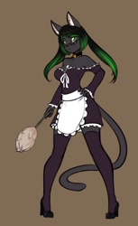 Size: 784x1280 | Tagged: safe, artist:scorpdk, oc, oc only, oc:tharkis, cat, feline, mammal, anthro, 2018, apron, bell, bell collar, black body, black collar, black fur, black hair, bottomwear, breasts, brown background, chest fluff, choker, clothes, collar, eyewear, feather duster, female, fluff, footwear, fur, glasses, green eyes, green hair, hair, hand on hip, high heels, legwear, looking at you, maid outfit, outfit, pigeon toed, pigtails, shoes, simple background, skirt, socks, solo, solo female, standing, stockings, tail, thigh highs, uniform