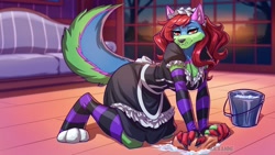 Size: 1280x720 | Tagged: safe, artist:ailaanne, canine, fox, mammal, anthro, 4 fingers, all fours, black nose, blue body, blue fur, breasts, bucket, cleaning, cleavage, clothes, couch, female, fingerless gloves, fingers, fluff, fur, gloves, green body, green fur, hair, indoors, legwear, looking at you, maid outfit, multicolored body, multicolored fur, pink body, pink ears, pink fur, plant, red eyes, red hair, smiling, socks, solo, solo female, striped armwear, striped clothes, striped legwear, stripes, tail, tail fluff, tree, uniform, washing, water, window