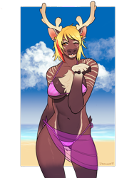 Size: 900x1200 | Tagged: suggestive, artist:porin, oc, oc only, cervid, deer, mammal, anthro, 2019, 3:4, 5 fingers, almost nude, antlers, beach, belly button, bikini, blonde hair, blowing a kiss, bottomwear, breasts, brown body, brown fur, chest fluff, cleavage, clothes, cloud, digital art, ear piercing, female, fingers, fluff, fur, hair, horn, looking at you, one eye closed, panties, piercing, pinup, pose, red hair, sand, seaside, simple background, skirt, sky, solo, solo female, standing, stripes, swimsuit, thigh gap, thong, thong swimsuit, transparent background, underboob, water, wide hips, winking, yellow hair