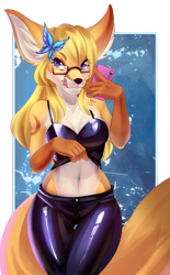 Size: 1553x2497 | Tagged: safe, artist:art-abaddon, oc, oc only, oc:kaiyonato, arthropod, butterfly, canine, fennec fox, fox, insect, mammal, anthro, 2019, belly button, belly button piercing, black nose, blonde hair, blue eyes, bottomwear, breasts, cell phone, cleavage, clothes, clothing lift, digital art, ear fluff, eyewear, facial piercing, female, fluff, fur, furgonomics, furry-specific piercing, glasses, hair, holding, holding cellphone, holding object, holding phone, looking at you, midriff, muzzle piercing, nose piercing, orange body, orange fur, orange tail, pants, phone, piercing, rubber, shirt, shirt lift, simple background, solo, solo female, tail, tail fluff, tongue, tongue out, tongue piercing, topwear, transparent background, white body, white fur, yellow hair