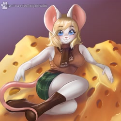 Size: 4096x4096 | Tagged: safe, artist:caddeaartsfw, ashley graham (resident evil), mammal, mouse, rodent, anthro, capcom, resident evil, bottomwear, cheese, clothes, female, lying down, moushley, scarf, skirt, solo, solo female, sweater, tail, thick thighs, thighs, topwear