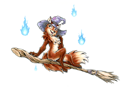 Size: 1170x884 | Tagged: safe, artist:choedan-kal, canine, fox, mammal, feral, blue eyes, broom, broom riding, brown body, brown fur, chest fluff, clothes, cream body, cream fur, ears, fluff, fur, hat, headwear, magic, paws, red body, red fur, simple background, solo, tail, traditional art, white background, witch hat