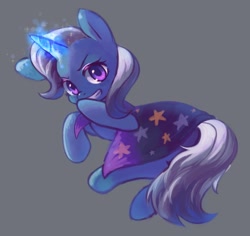 Size: 1451x1370 | Tagged: safe, artist:horseyuris, trixie (mlp), equine, fictional species, mammal, pony, unicorn, feral, friendship is magic, hasbro, my little pony, 2022, blue body, female, giggling, glowing, glowing horn, hair, hatless, horn, looking at you, magic, mane, mare, missing accessory, simple background, solo, solo female, tail, white hair, white mane, white tail