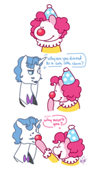 Size: 470x805 | Tagged: safe, artist:dsstoner, fancypants (mlp), pinkie pie (mlp), earth pony, equine, fictional species, mammal, pony, unicorn, feral, comic:pinkiepants!, friendship is magic, hasbro, my little pony, 2023, clothes, clown, clown makeup, clown nose, comic, cute, dialogue, english text, female, feral/feral, hat, headwear, male, male/female, onomatopoeia, pinkiepants (mlp), red nose, shipping, speech bubble, talking, text