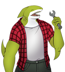 Size: 1446x1600 | Tagged: safe, artist:natt333, oc, fish, shark, anthro, bottomwear, clothes, eyes closed, green body, male, open mouth, pants, shirt, simple background, smiling, solo, solo male, teeth, topwear, transparent background, wrench