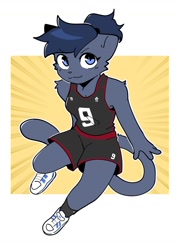 Size: 1066x1486 | Tagged: safe, artist:sonokido, oc, oc only, cat, feline, mammal, anthro, 9, basketball uniform, clothes, female, jersey, shoes, solo, solo female