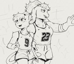 Size: 1367x1187 | Tagged: safe, artist:sonokido, oc, oc only, canine, cat, dog, feline, mammal, anthro, 2023, basketball uniform, bottomwear, clothes, duo, duo female, female, females only, monochrome, shorts