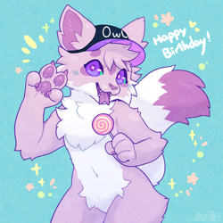 Size: 3000x3000 | Tagged: safe, artist:wolfwithwing, oc, oc only, oc:patoune, cat, feline, mammal, anthro, absurd resolution, amaverse, ambiguous gender, candy, clothes, colorful, cross-eyed, cute, dessert, english text, fluff, food, happy, hat, headgear, headwear, high res, lollipop, male, neck tuft, open mouth, paws, pink body, smiling, solo, solo male, speech bubble, split tonge, tail, tail fluff, teeth, text, tongue, tongue out, vtuber, white body