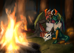 Size: 2978x2153 | Tagged: safe, artist:monocromoart, dragon, fictional species, anthro, black body, campfire, commission, duo, fantasy, female, fire, green body, horns, male, outdoors, scales, wings