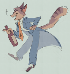 Size: 1280x1355 | Tagged: safe, artist:noritaro, rocky rickaby (lackadaisy), cat, feline, mammal, anthro, lackadaisy, alcohol, beer, blue bodysuit, blue suit, bodysuit, clothes, drink, eyes closed, full body, fur, holding beer, holding beverage, male, open mouth, open smile, shoes, side view, smiling, solo, solo male, striped fur, teeth, tight clothing