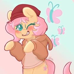 Size: 2500x2500 | Tagged: safe, artist:lynus_liam, fluttershy (mlp), equine, fictional species, mammal, pegasus, pony, feral, friendship is magic, hasbro, my little pony, 2023, bipedal, clothes, female, hair, high res, hoodie, mane, mare, one eye closed, pink hair, pink mane, pink tail, redraw, solo, solo female, tail, topwear, winking, yellow body