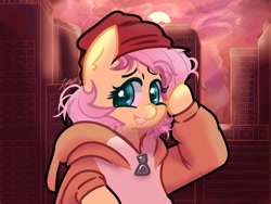 Size: 1600x1200 | Tagged: safe, artist:lynus_liam, fluttershy (mlp), equine, fictional species, mammal, pegasus, pony, feral, friendship is magic, hasbro, my little pony, 2022, bipedal, clothes, female, hair, hoodie, mane, mare, one eye closed, pink hair, pink mane, pink tail, smiling, solo, solo female, tail, topwear, winking, yellow body