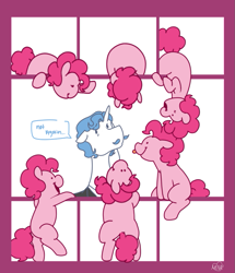 Size: 789x918 | Tagged: safe, artist:dsstoner, fancypants (mlp), pinkie pie (mlp), earth pony, equine, fictional species, mammal, pony, unicorn, feral, comic:pinkiepants!, friendship is magic, hasbro, my little pony, 2023, butt, clone, comic, duo, female, male, mare, multeity, panel play, panels, pinkie clone (mlp), self paradox, speech bubble, stallion, tongue, tongue out