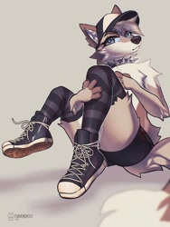 Size: 1536x2048 | Tagged: safe, artist:fanghaunt, oc, canine, mammal, wolf, anthro, 2021, bottomwear, cap, clothes, collar, digital art, ears, fur, gray background, gray body, gray eyes, gray fur, gray hair, hair, hat, headwear, legwear, partial nudity, shoes, shorts, simple background, solo, spiked collar, stockings, tail, topless