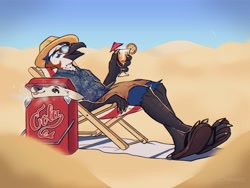 Size: 2048x1536 | Tagged: safe, artist:fanghaunt, oc, bird, anthro, 2021, alcohol, aloha shirt, beak, blue body, bottomwear, chair, claws, clothes, cocktail, cocktail garnish, cocktail glass, cocktail umbrella, cream body, digital art, drink, glasses, hat, headwear, lying down, male, open mouth, outdoors, sand, sandals, shirt, shoes, shorts, solo, solo male, sunglasses, talons, topwear