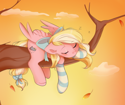 Size: 2671x2248 | Tagged: safe, artist:pledus, oc, oc only, oc:bay breeze, equine, fictional species, mammal, pegasus, pony, feral, friendship is magic, hasbro, my little pony, 2019, autumn, bow, clothes, commission, cute, eyes closed, feathered wings, feathers, female, hair bow, high res, leaf, legwear, mare, ocbetes, plant, sleeping, socks, solo, solo female, striped clothes, striped legwear, tail, tail bow, tree, tree branch, wings, ych result